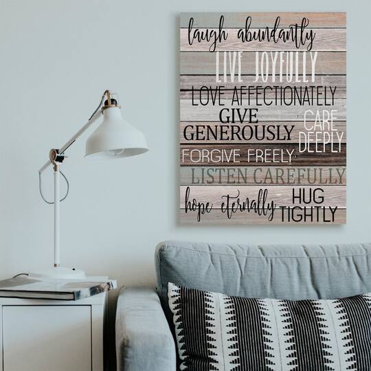 Stupell Industries Live Joyfully Phrases on Wood Grain Brown Tan Teal Canvas Wall Art